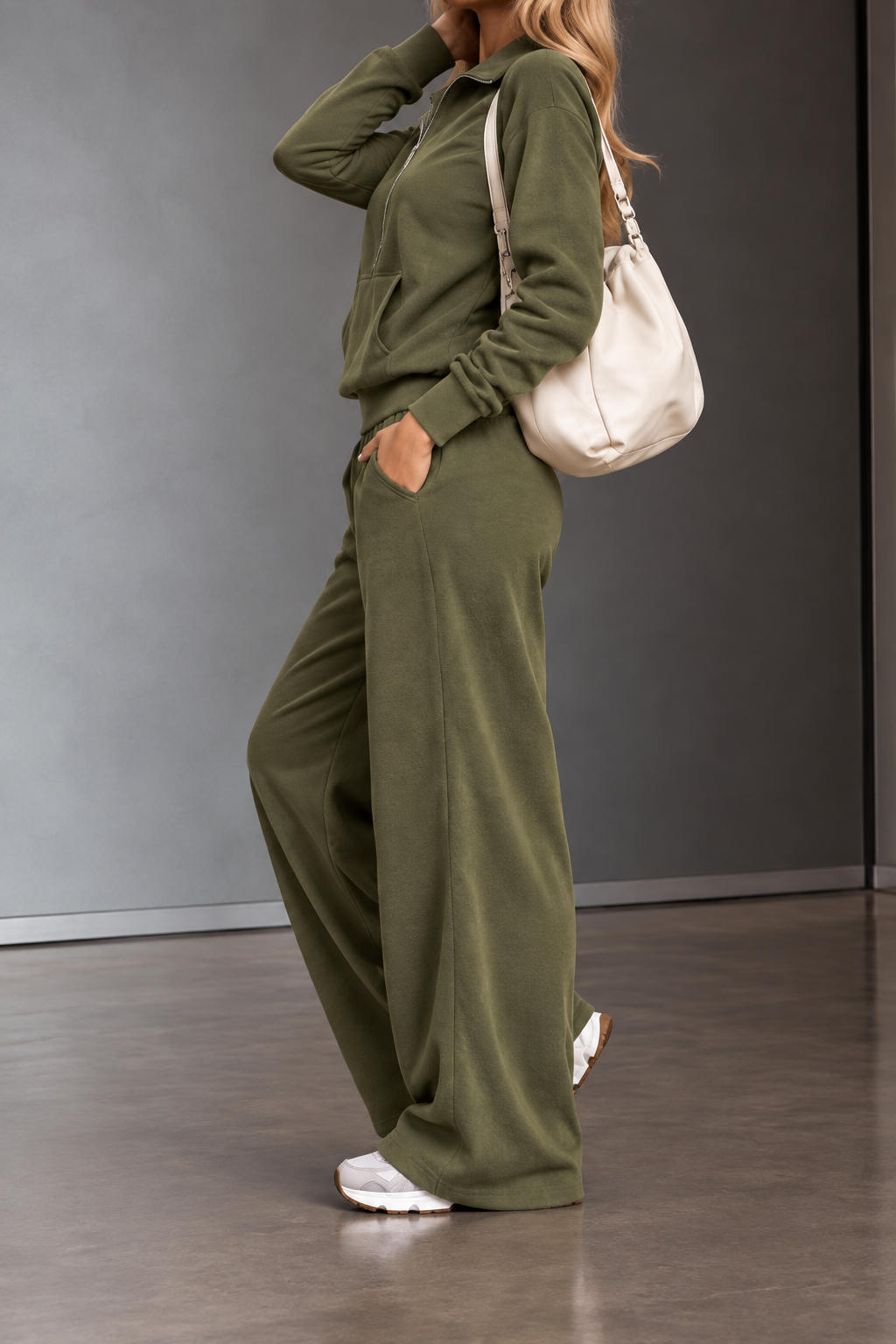Olivia Olive Half-Zip Top & Wide-Leg Pants Set