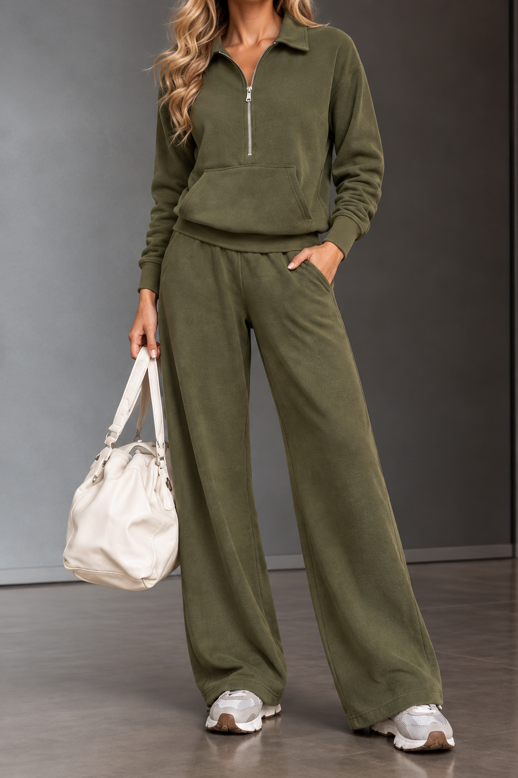 Olivia Olive Half-Zip Top & Wide-Leg Pants Set