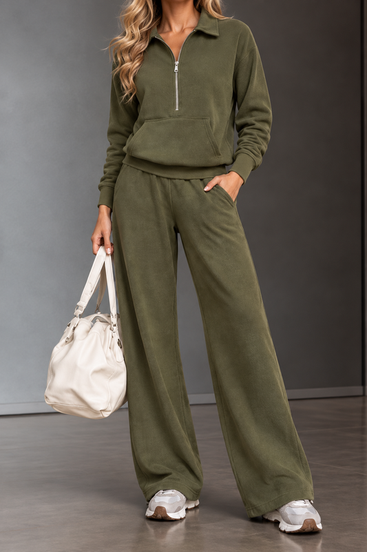 Olivia Olive Half-Zip Top & Wide-Leg Pants Set