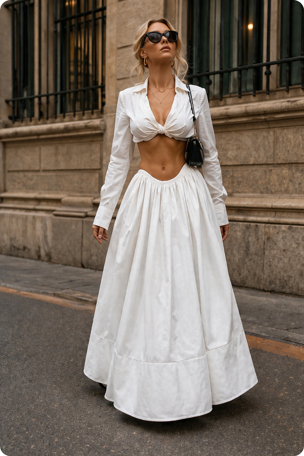 Mongia White Long Sleeve Crop & Skirt