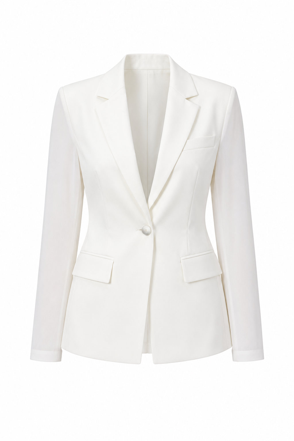 Olga White tailored blazer on soft backdrop