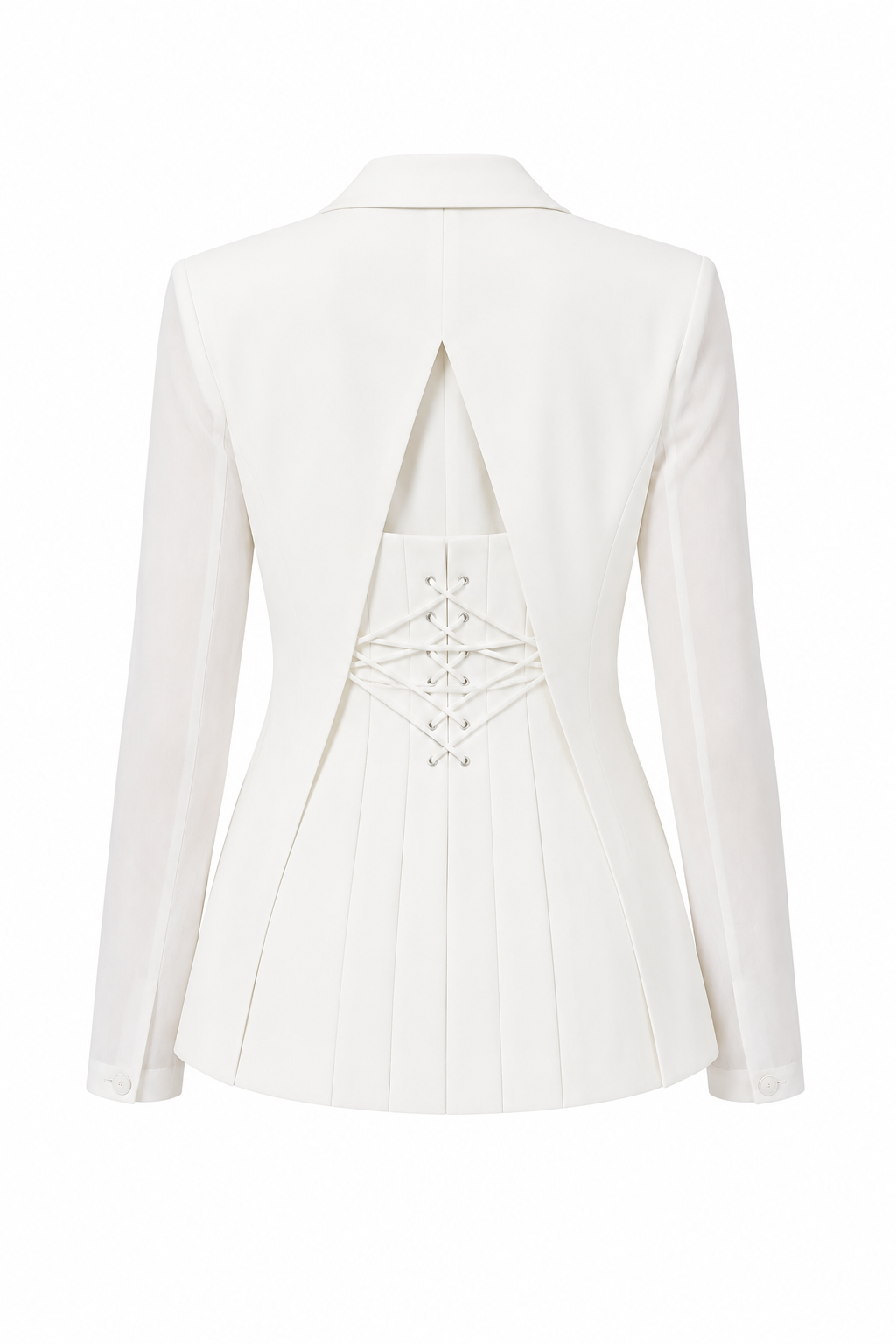 Olga White tailored blazer on soft backdrop