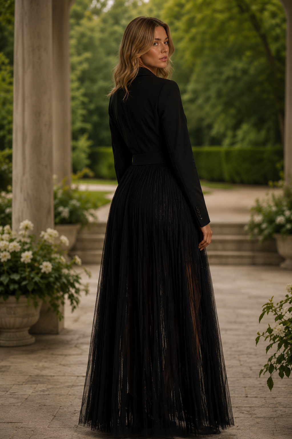 Dorra Elegant black coat-dress with tulle skirt set