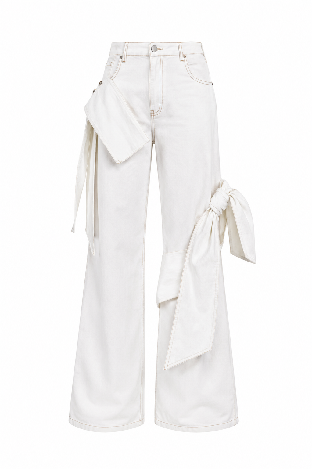 Sarra White wide-leg denim pants with draped details