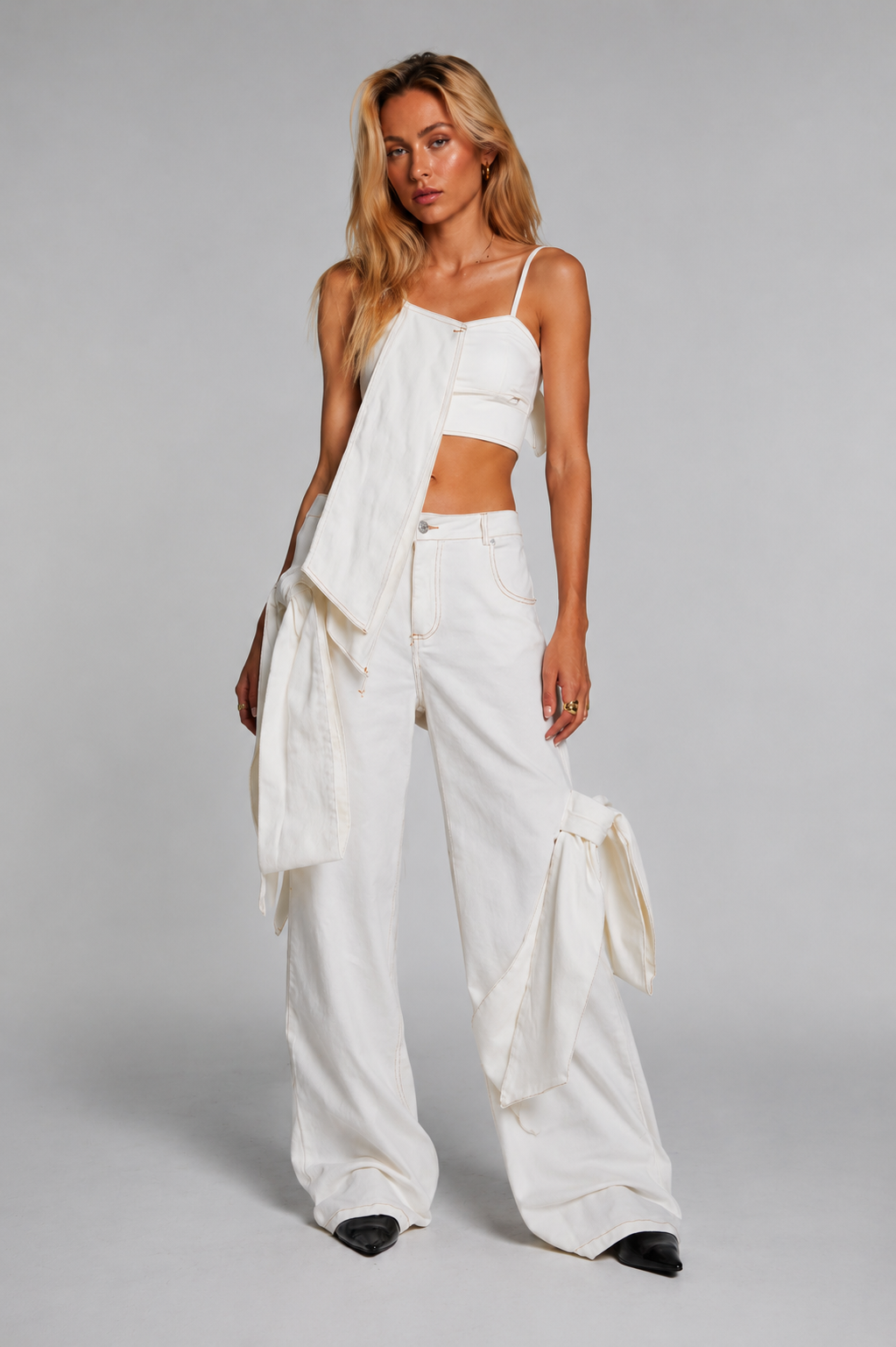 Sarra White wide-leg denim pants with draped details
