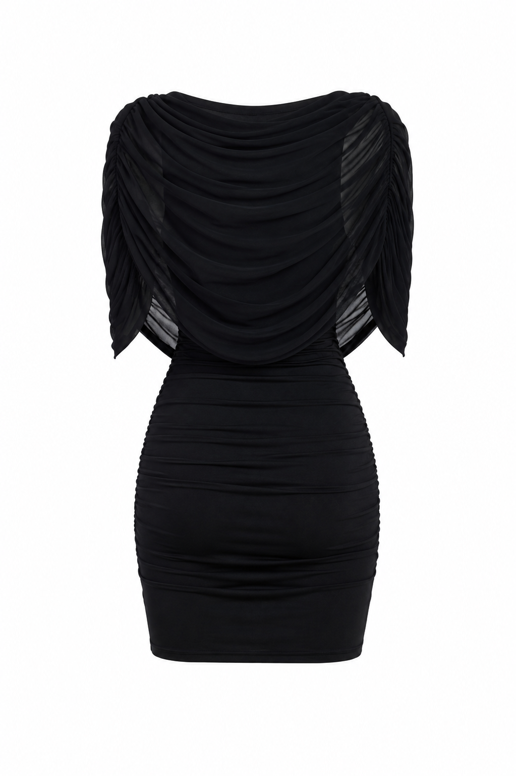 Abir Black ruched mini dress with draped overlay