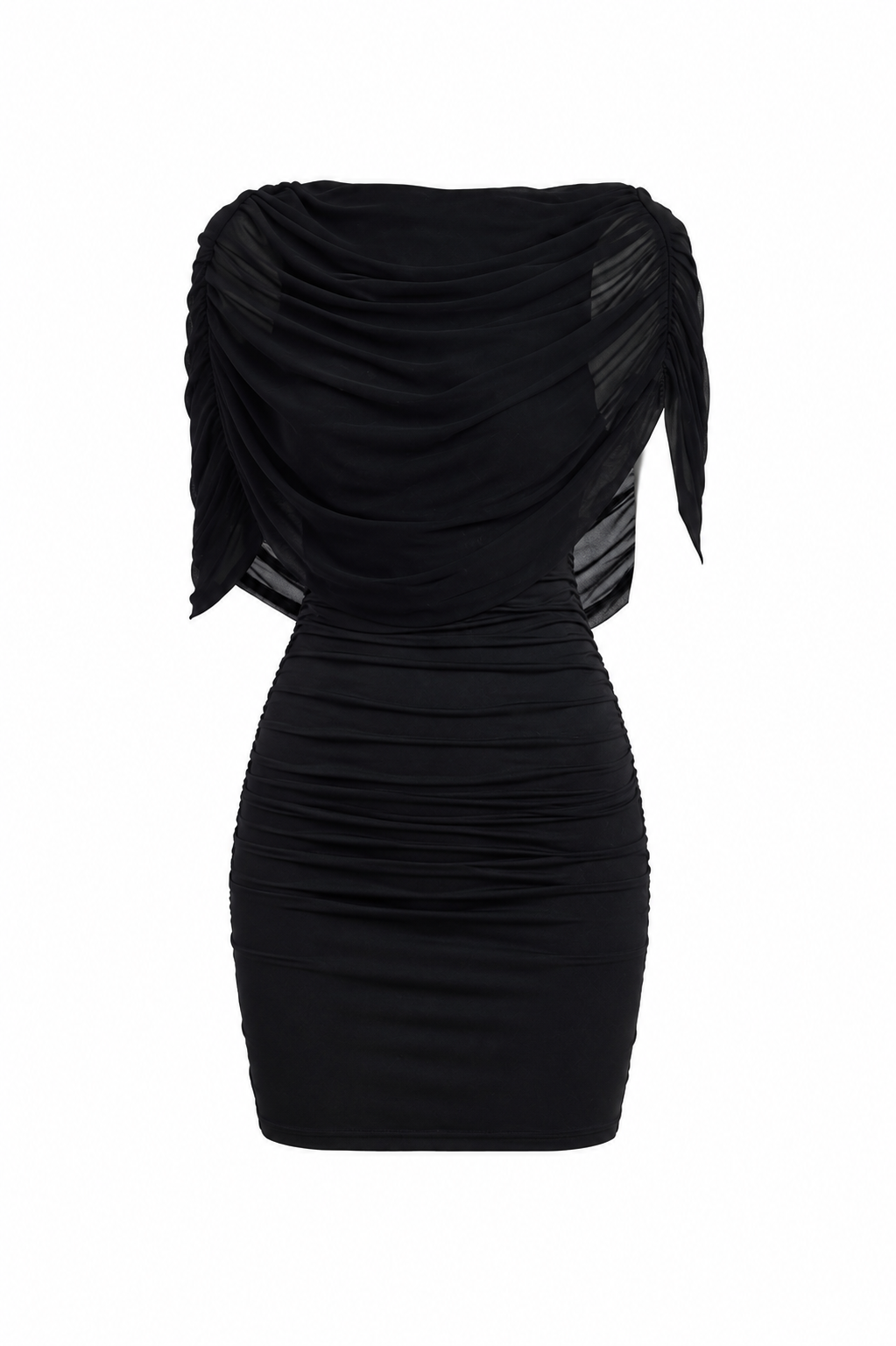 Abir Black ruched mini dress with draped overlay