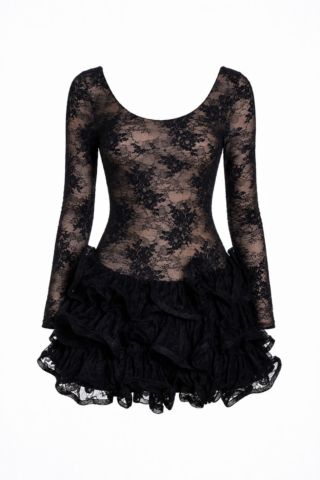 Black lace dress with ruffled skirt