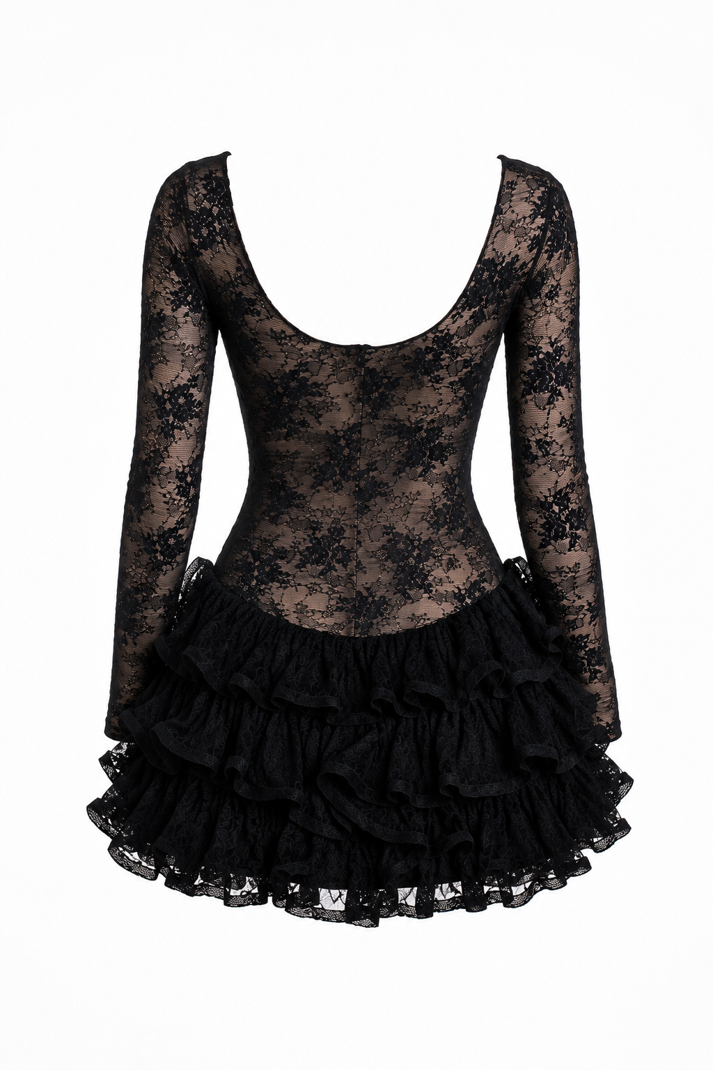 Black lace dress with ruffled skirt