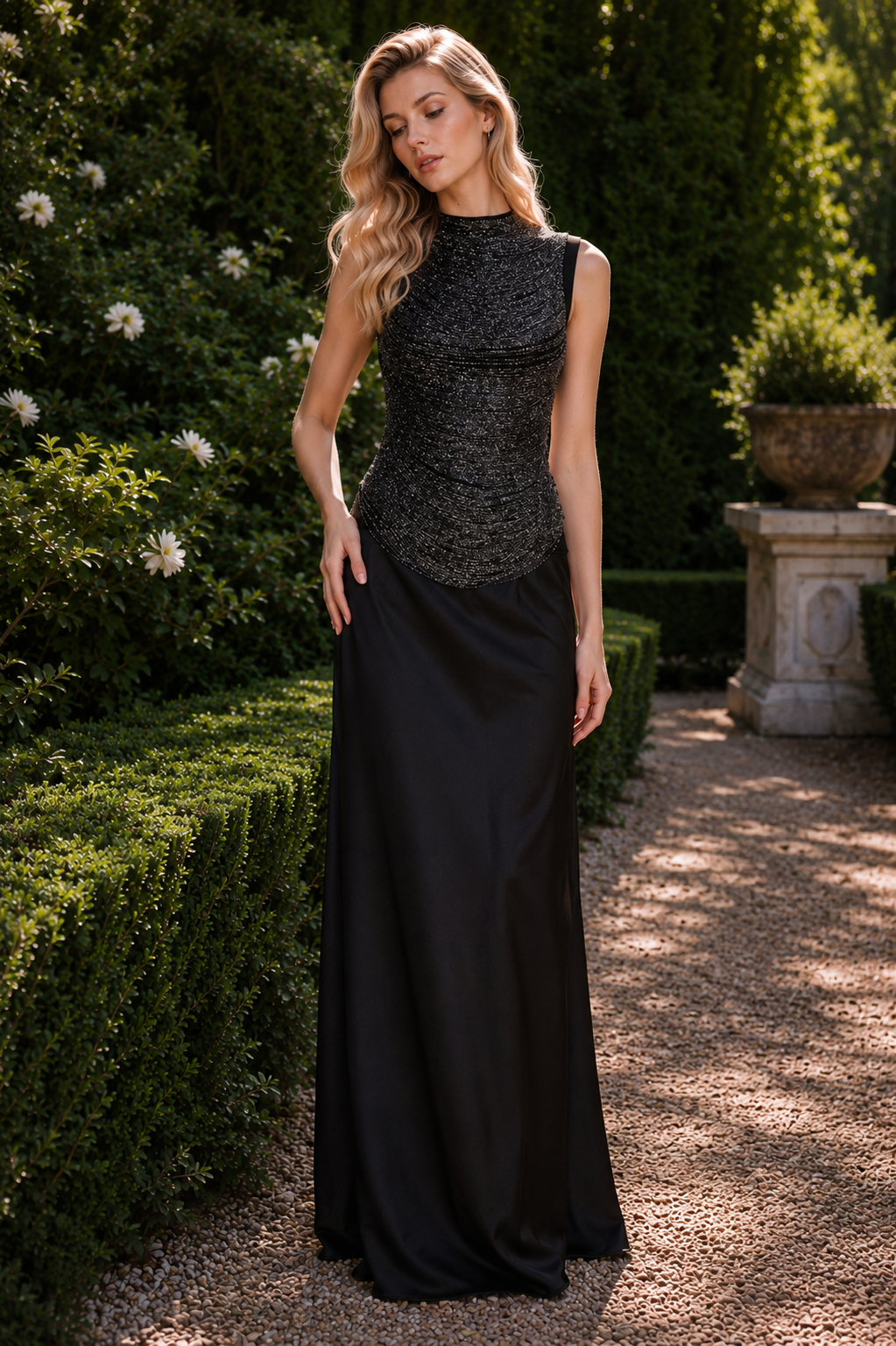 Elegant evening gown Skirt Set In Black