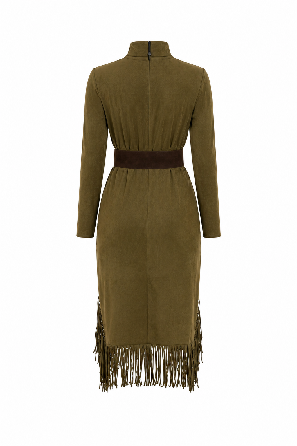 Amal Olive suede dress with fringe details