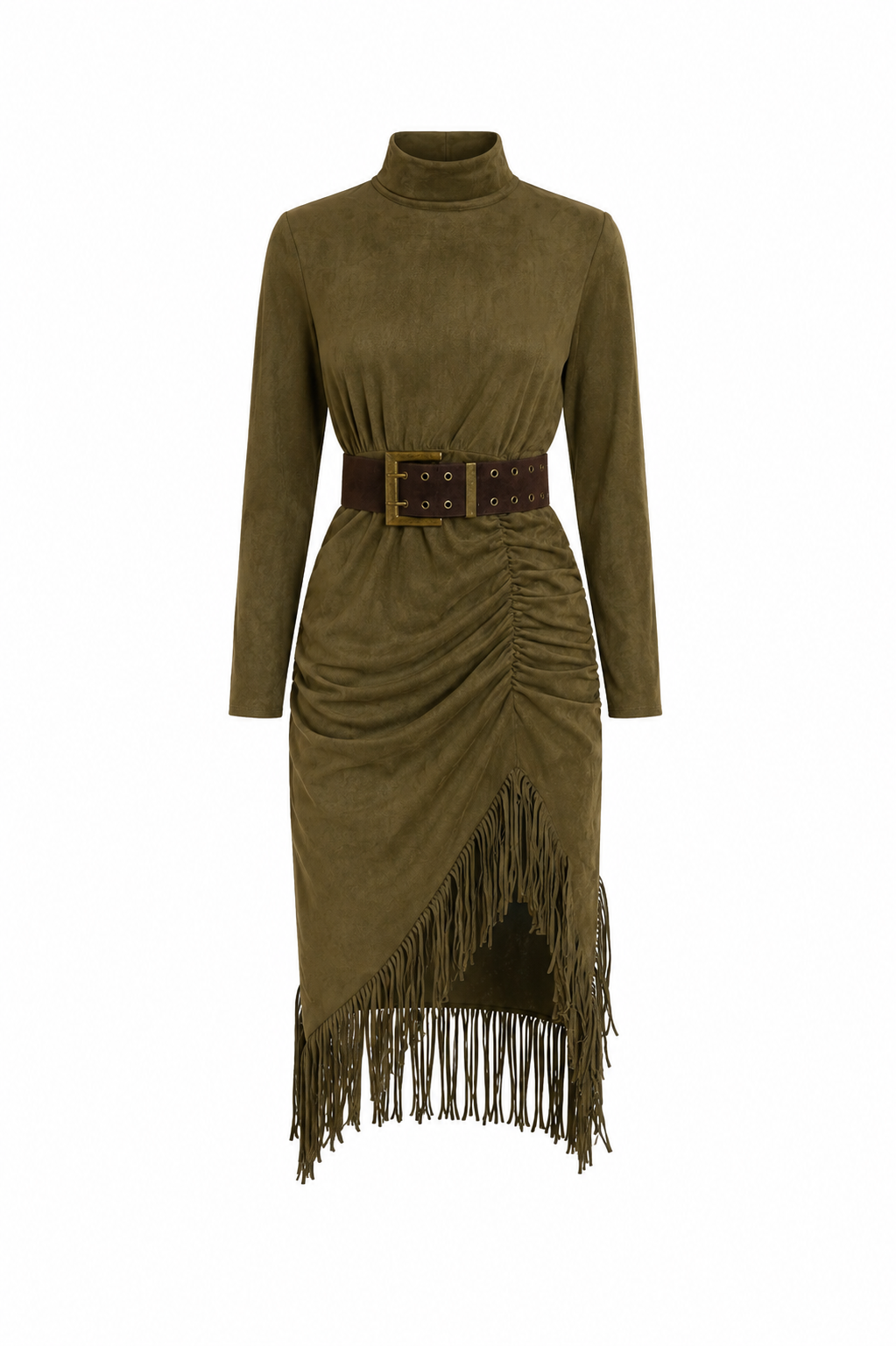 Amal Olive suede dress with fringe details