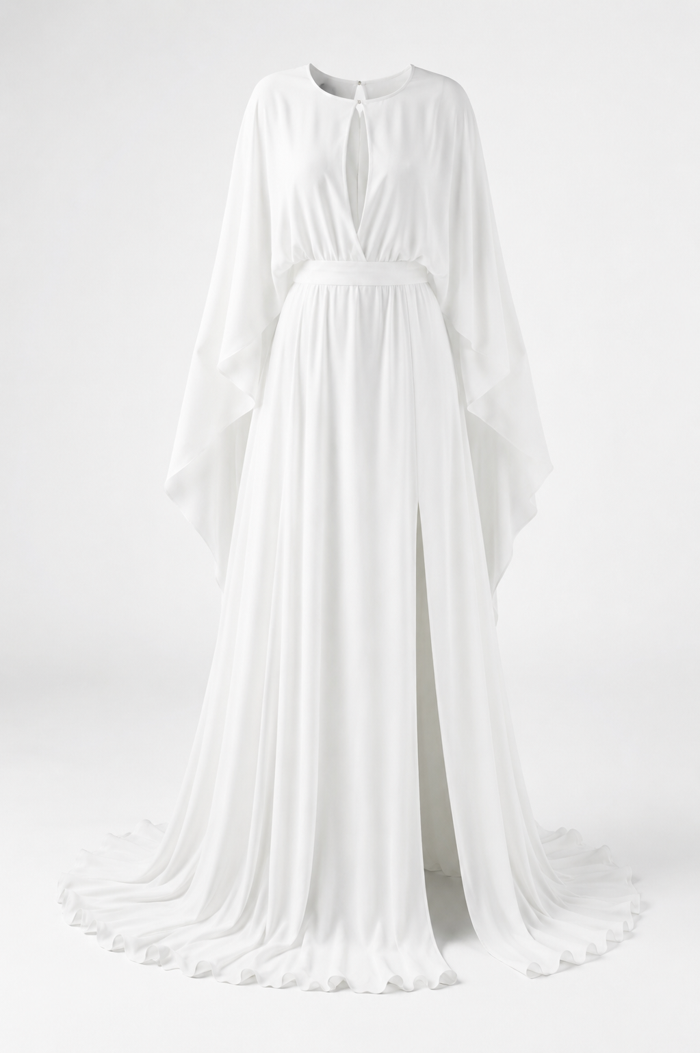 Olga Elegant white chiffon gown with cape sleeves