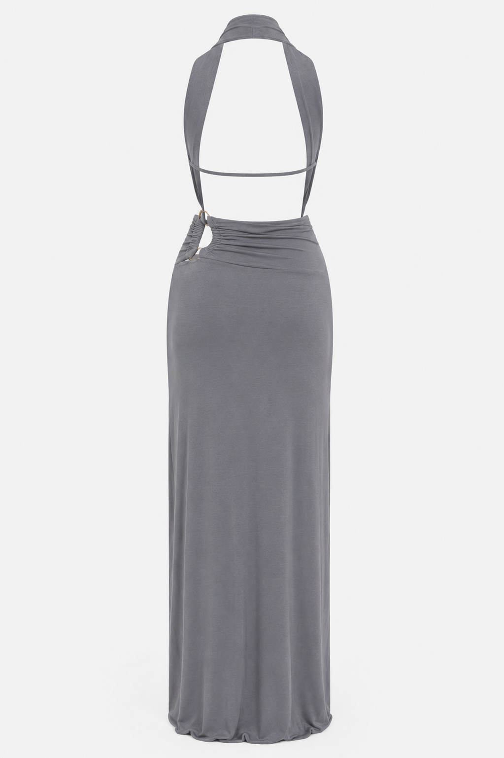 Mira Gray halter maxi dress on display
