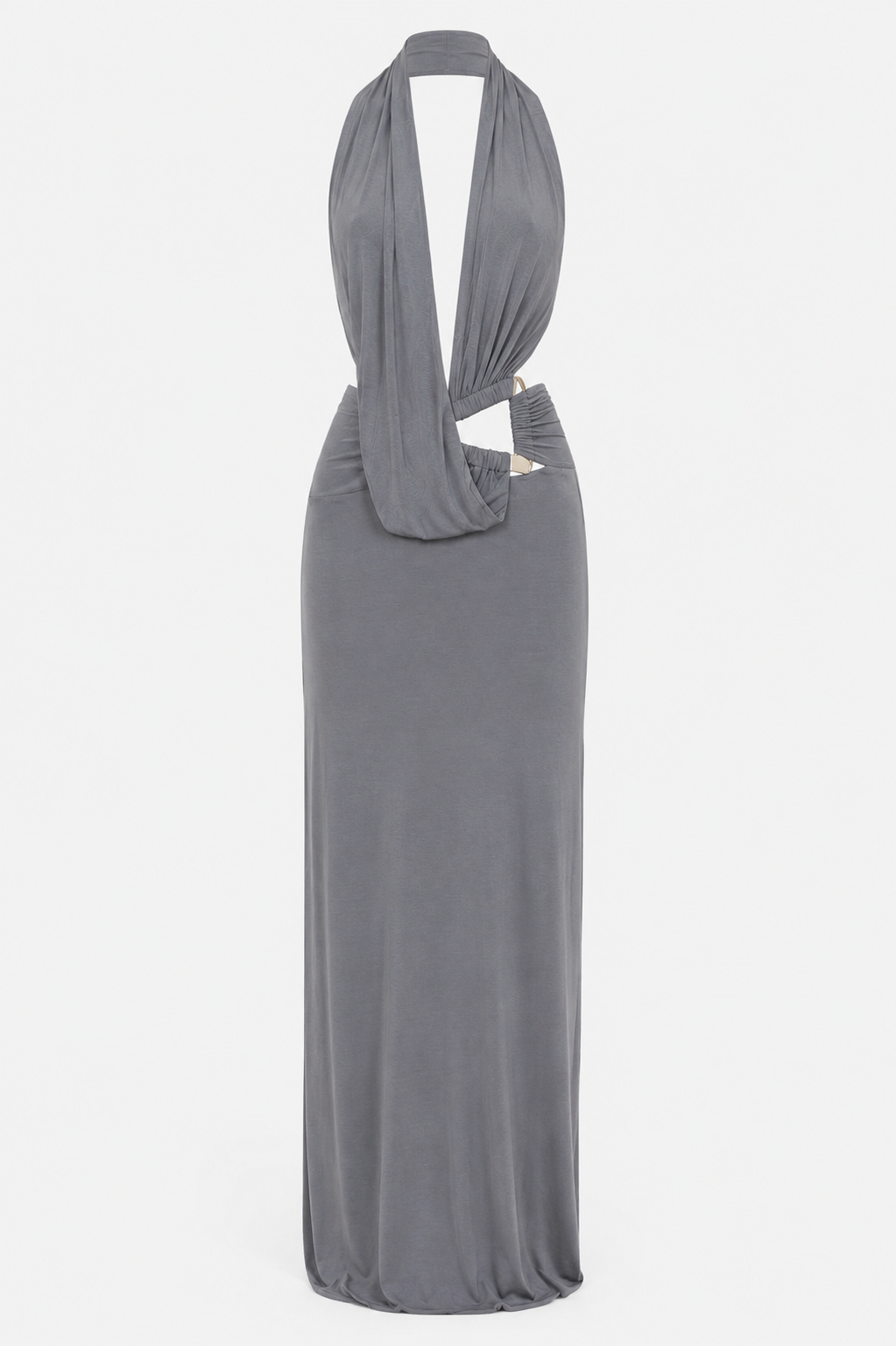 Mira Gray halter maxi dress on display