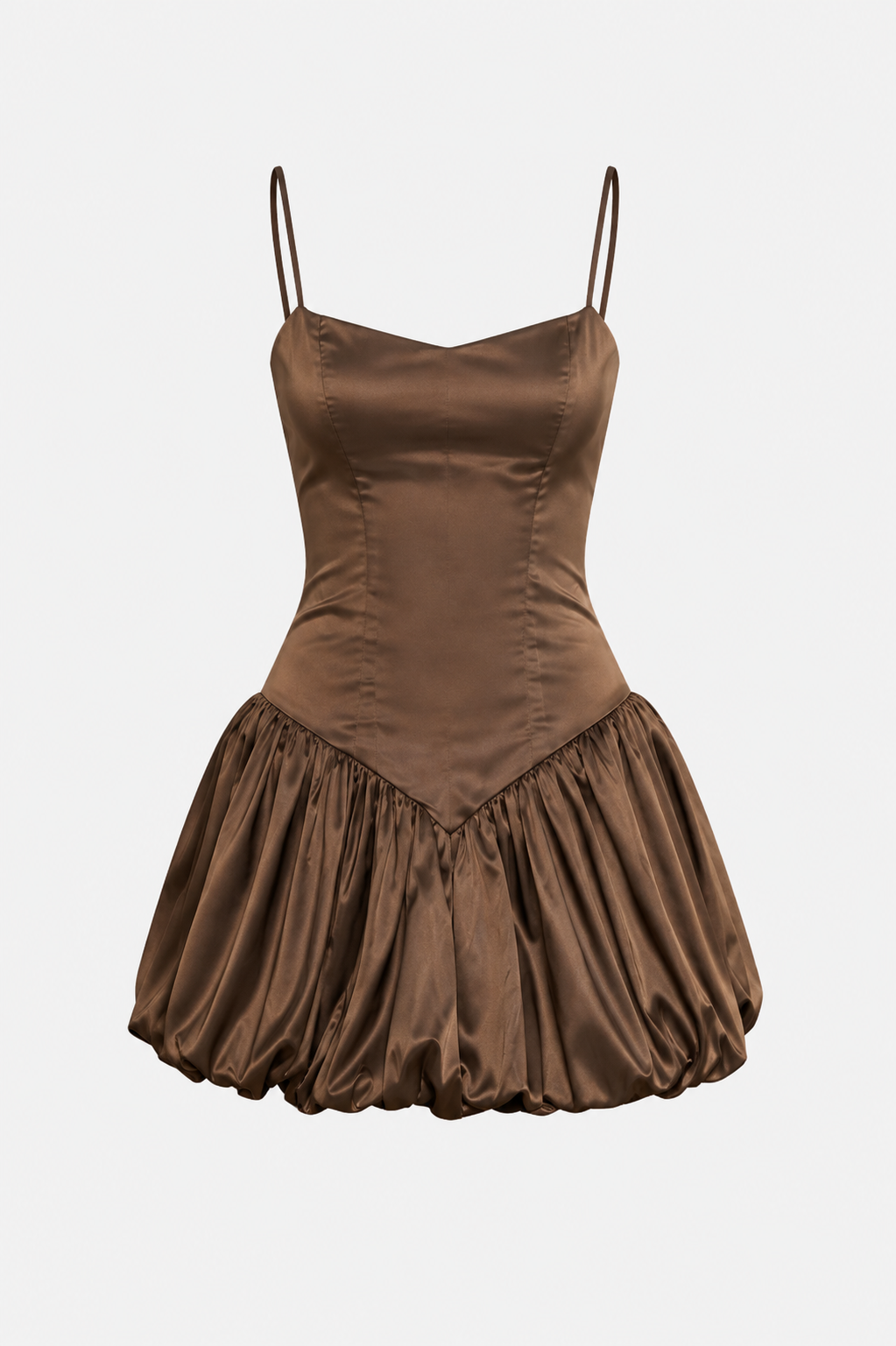 Amira Satin bubble dress on neutral backdrop