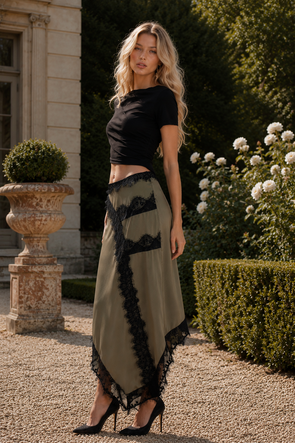 Faiza Asymmetric Olive satin skirt with black lace