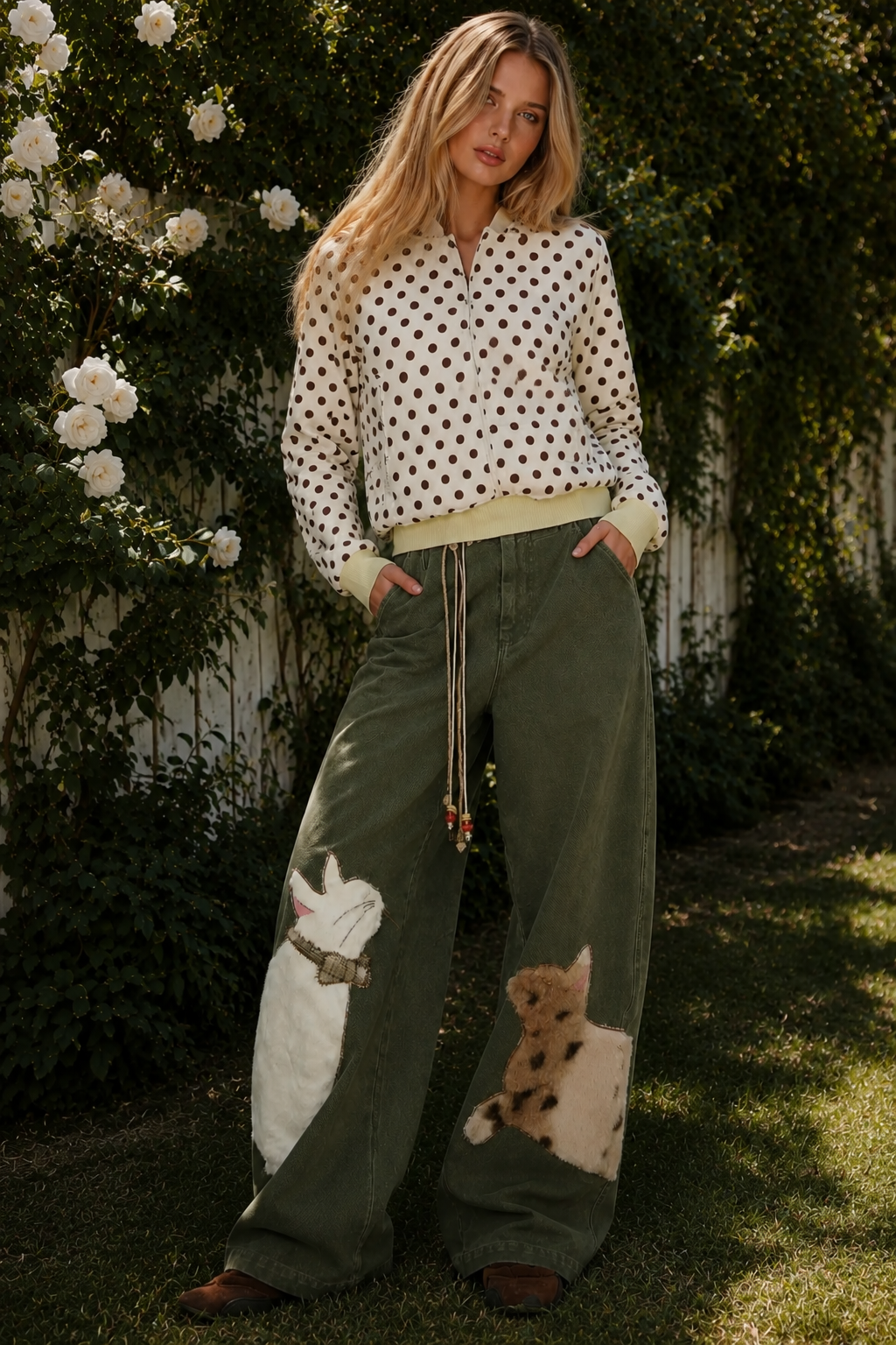 Kira Olive denim pants with playful cat patches
