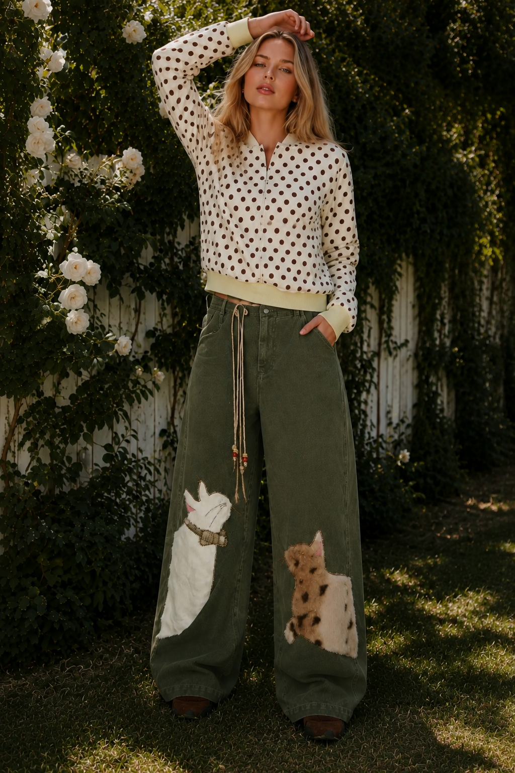 Kira Olive denim pants with playful cat patches