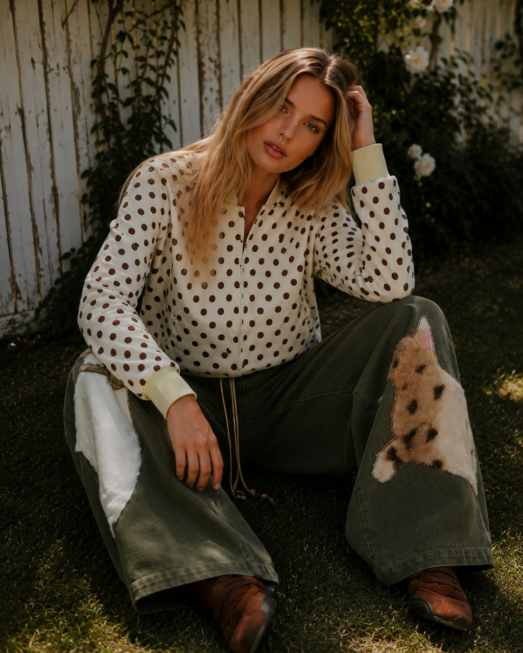 Kira Olive denim pants with playful cat patches