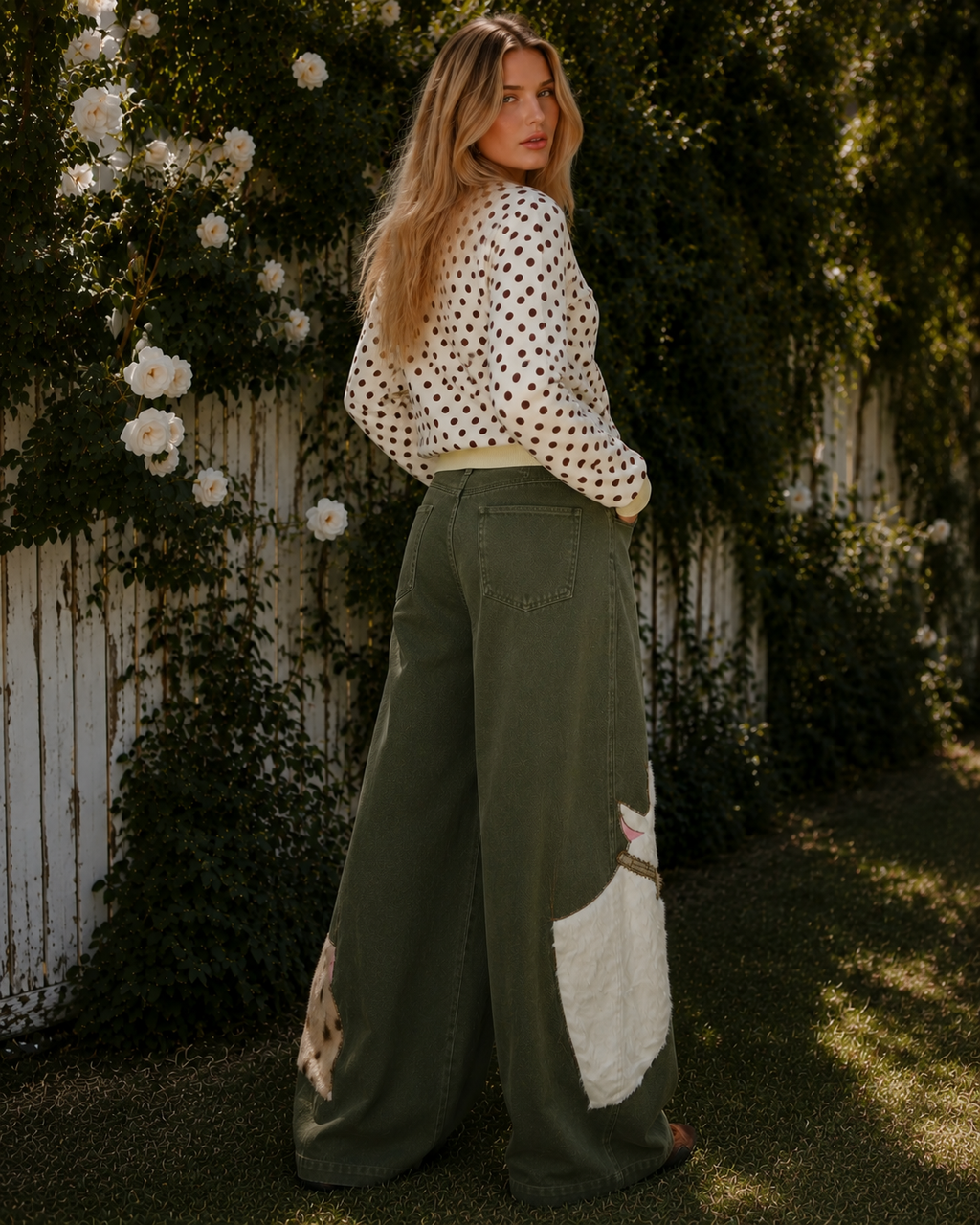 Kira Olive denim pants with playful cat patches