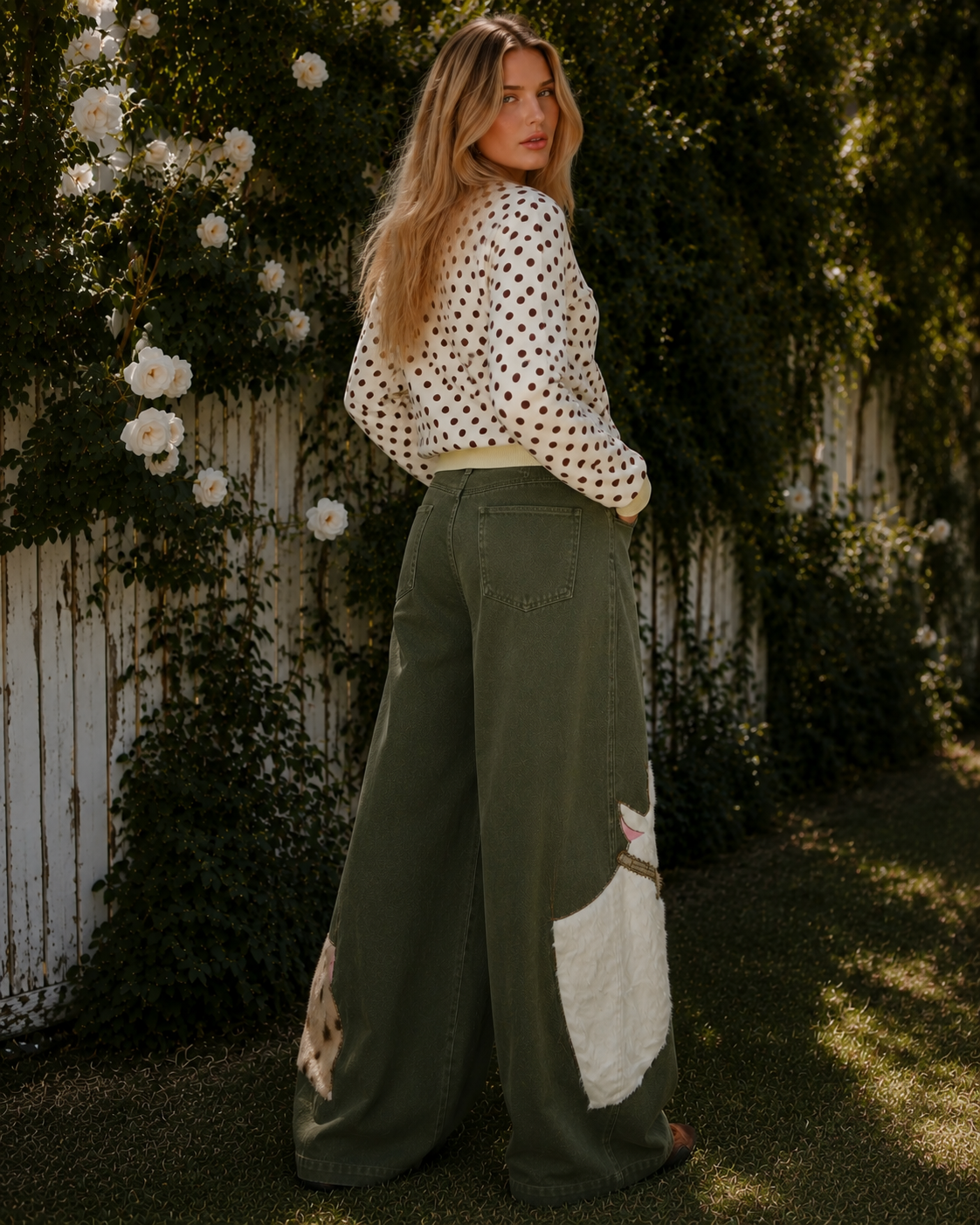 Kira Olive denim pants with playful cat patches