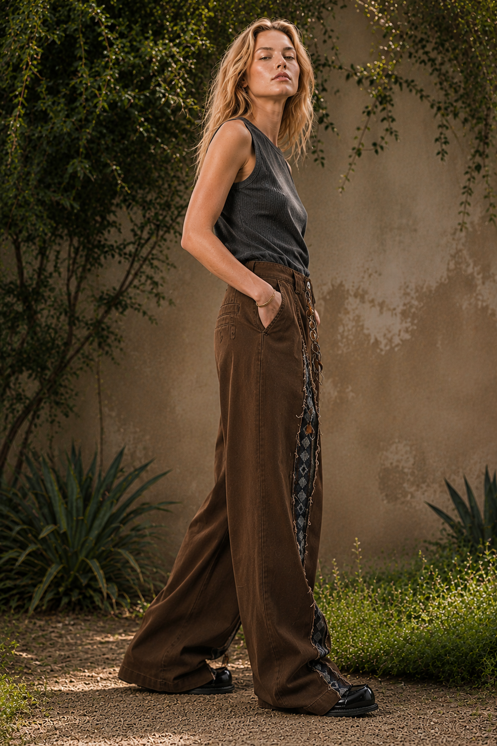 Syrine Brown wide-leg jeans with charm detail
