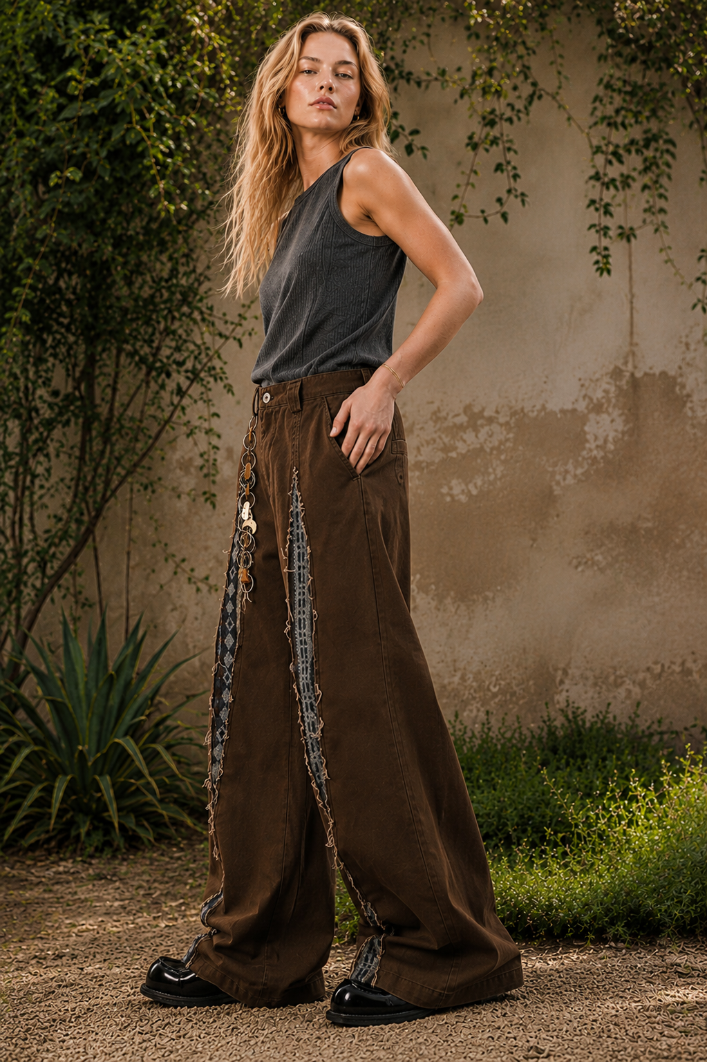 Syrine Brown wide-leg jeans with charm detail