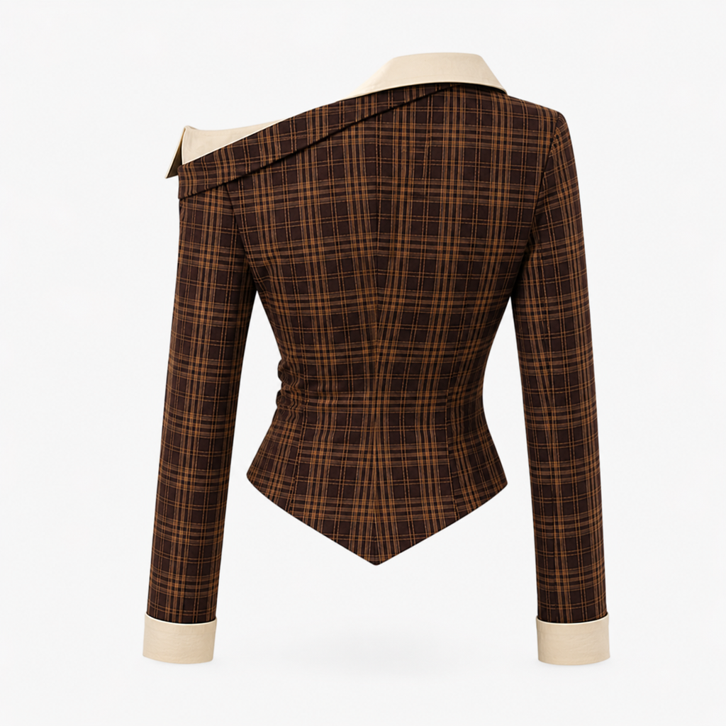 Brown Plaid Asymmetrical Off-Shoulder Top