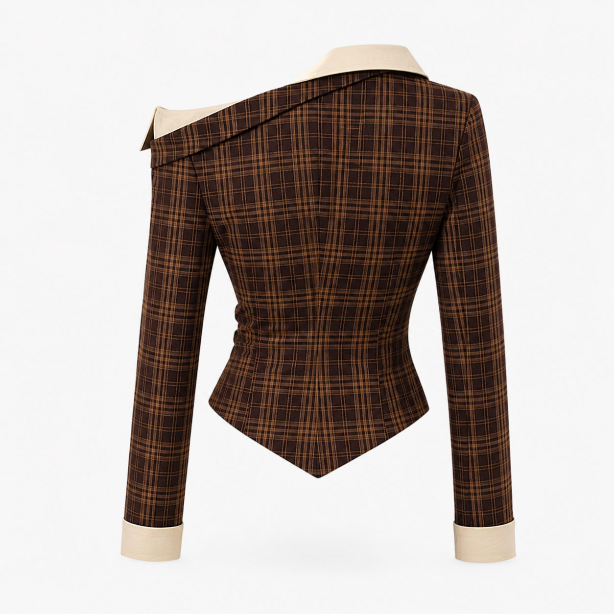 Brown Plaid Asymmetrical Off-Shoulder Top