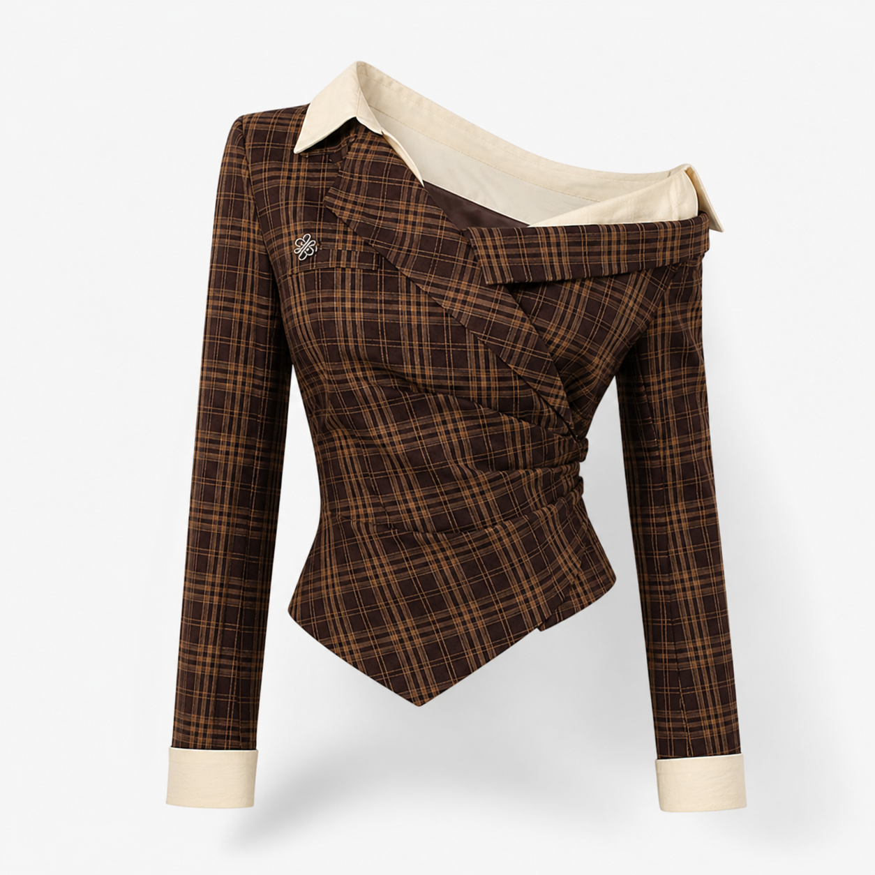 Brown Plaid Asymmetrical Off-Shoulder Top