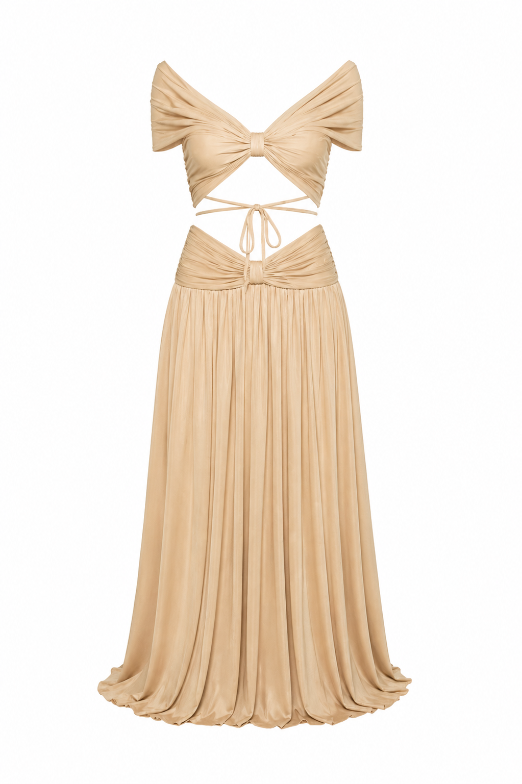 Elegant Beige Off-Shoulder Two Piece Maxi Dress