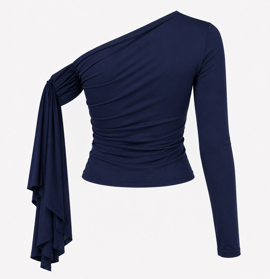 Donia Asymmetrical navy blue one-shoulder top