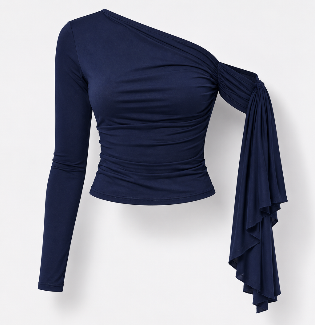 Donia Asymmetrical navy blue one-shoulder top
