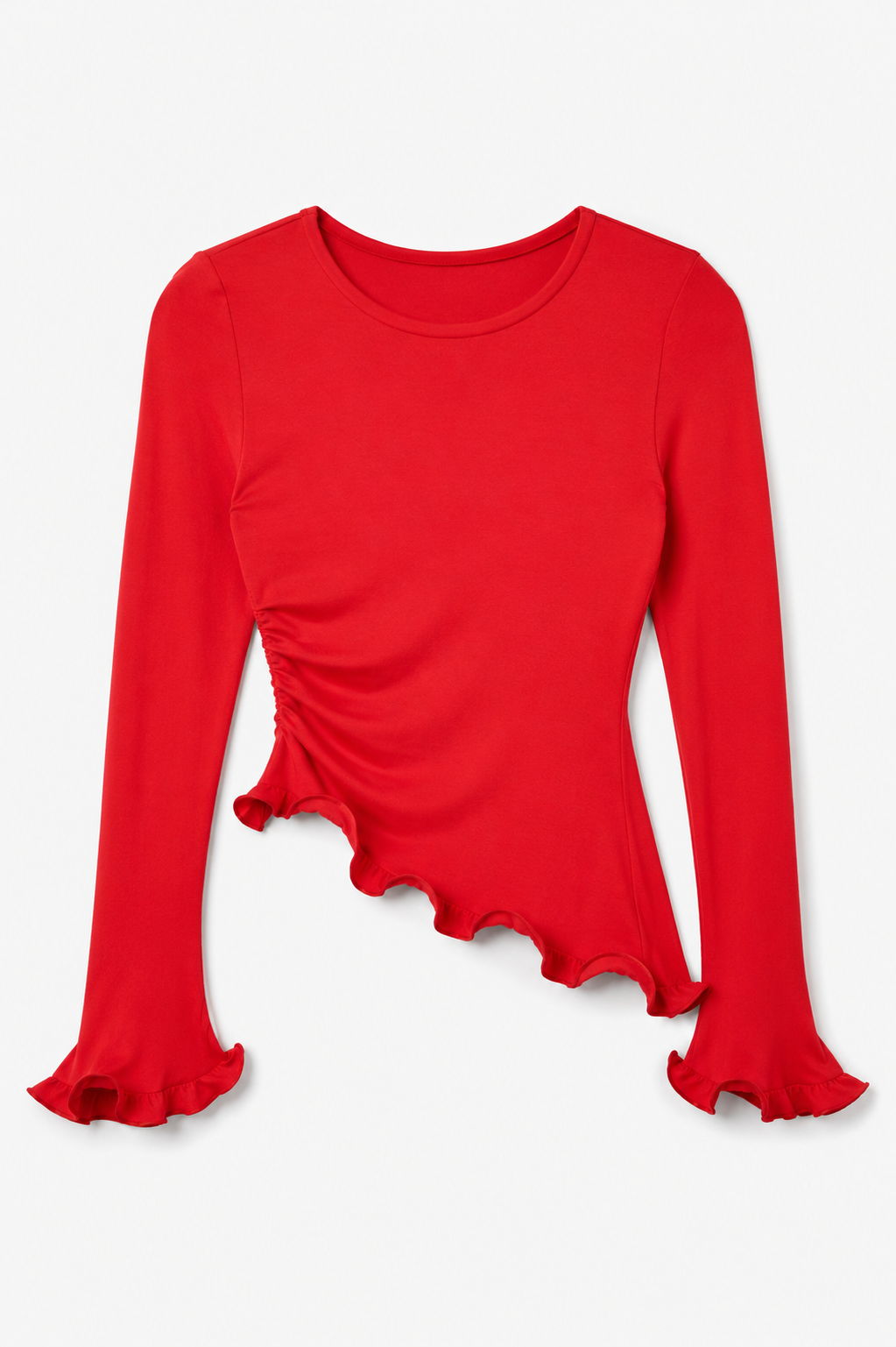 Mira Red long sleeve top with ruffled edges