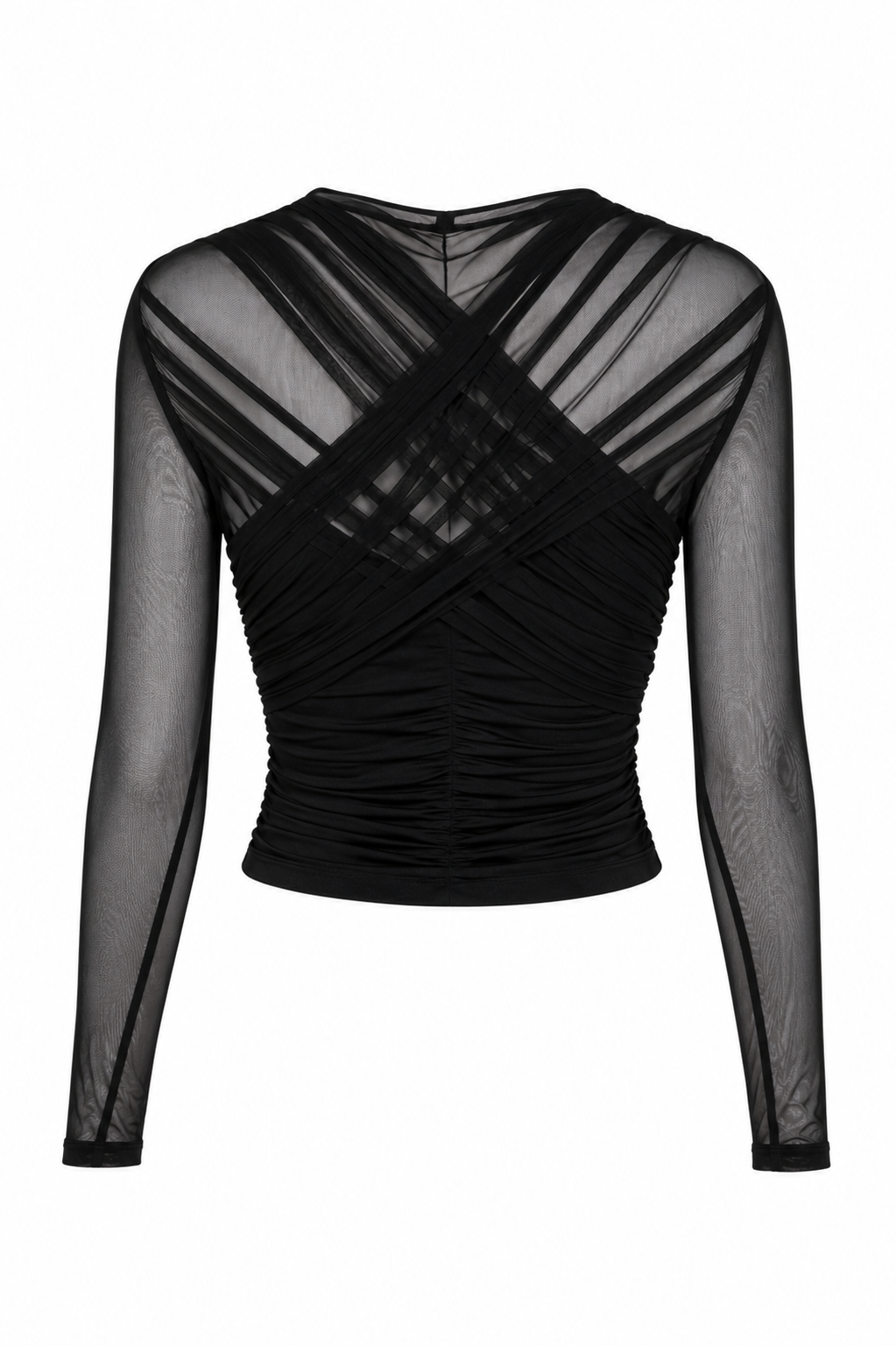 Olga Black ruched mesh long-sleeve top