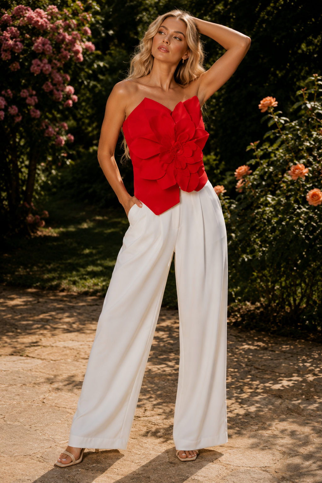 Samira Red floral strapless corset top