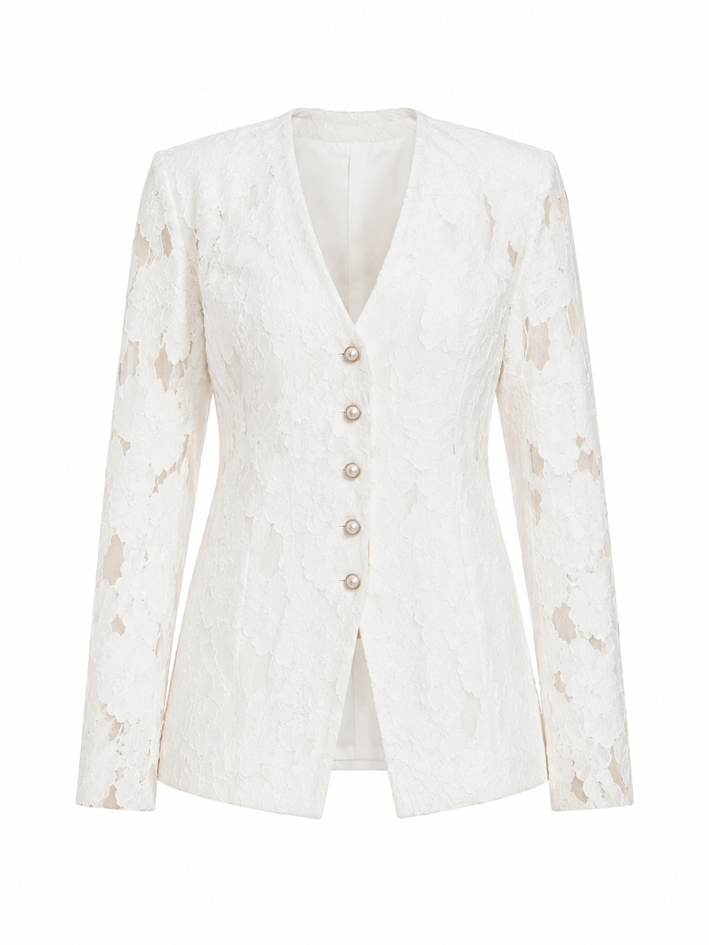 Malika White lace blazer on white backdrop