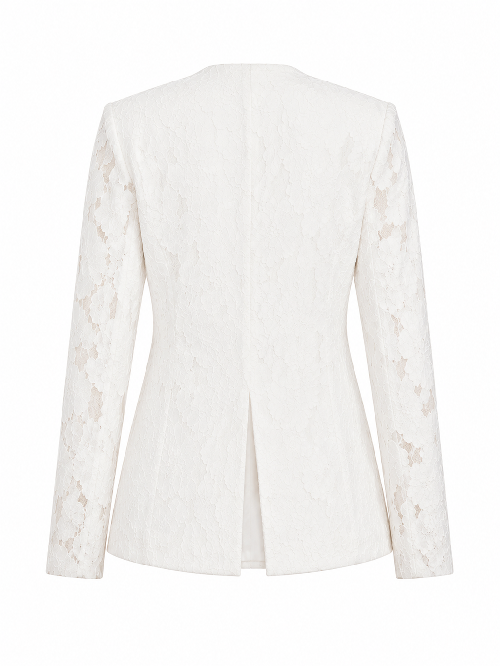 Malika White lace blazer on white backdrop