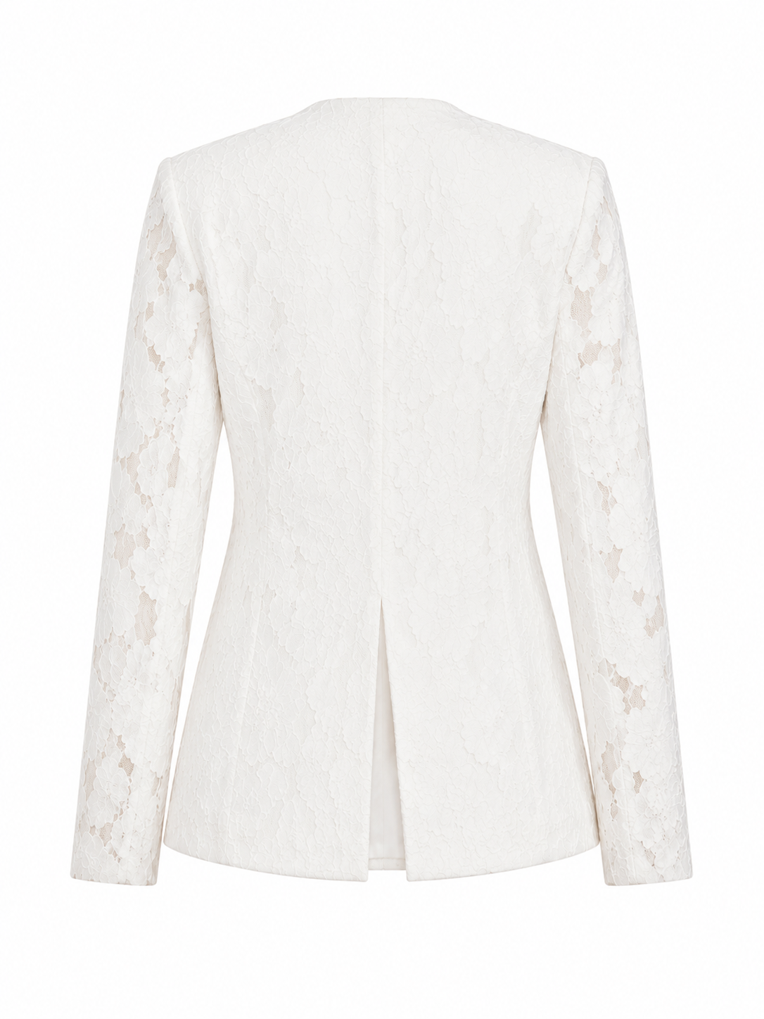 Malika White lace blazer on white backdrop