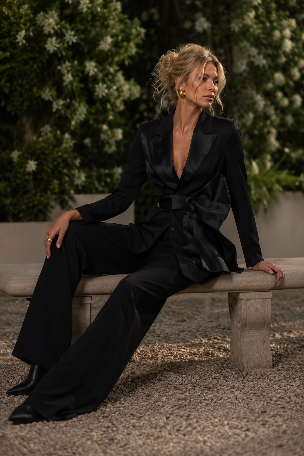 Samira Structured black blazer with satin bow