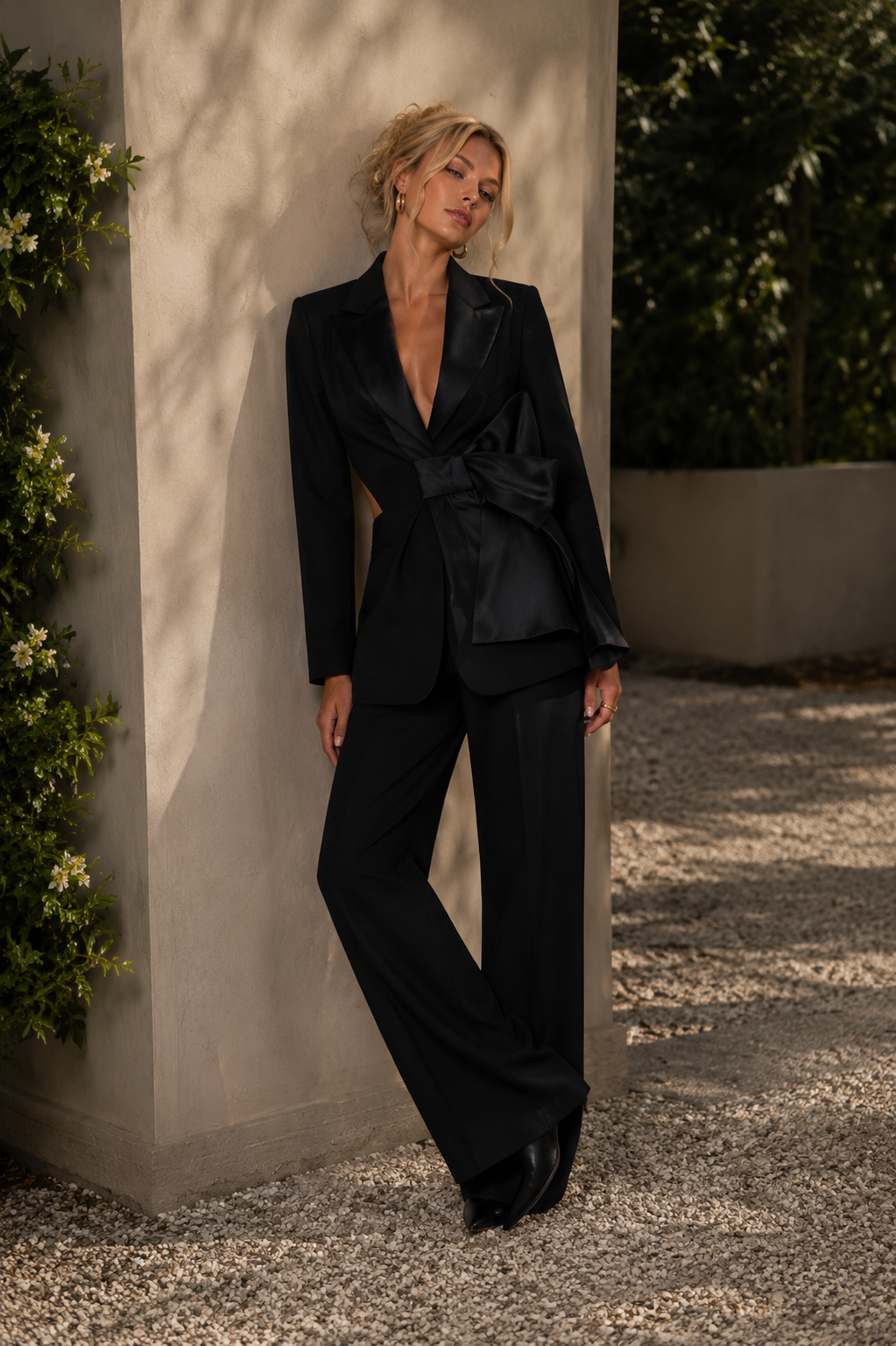 Samira Structured black blazer with satin bow