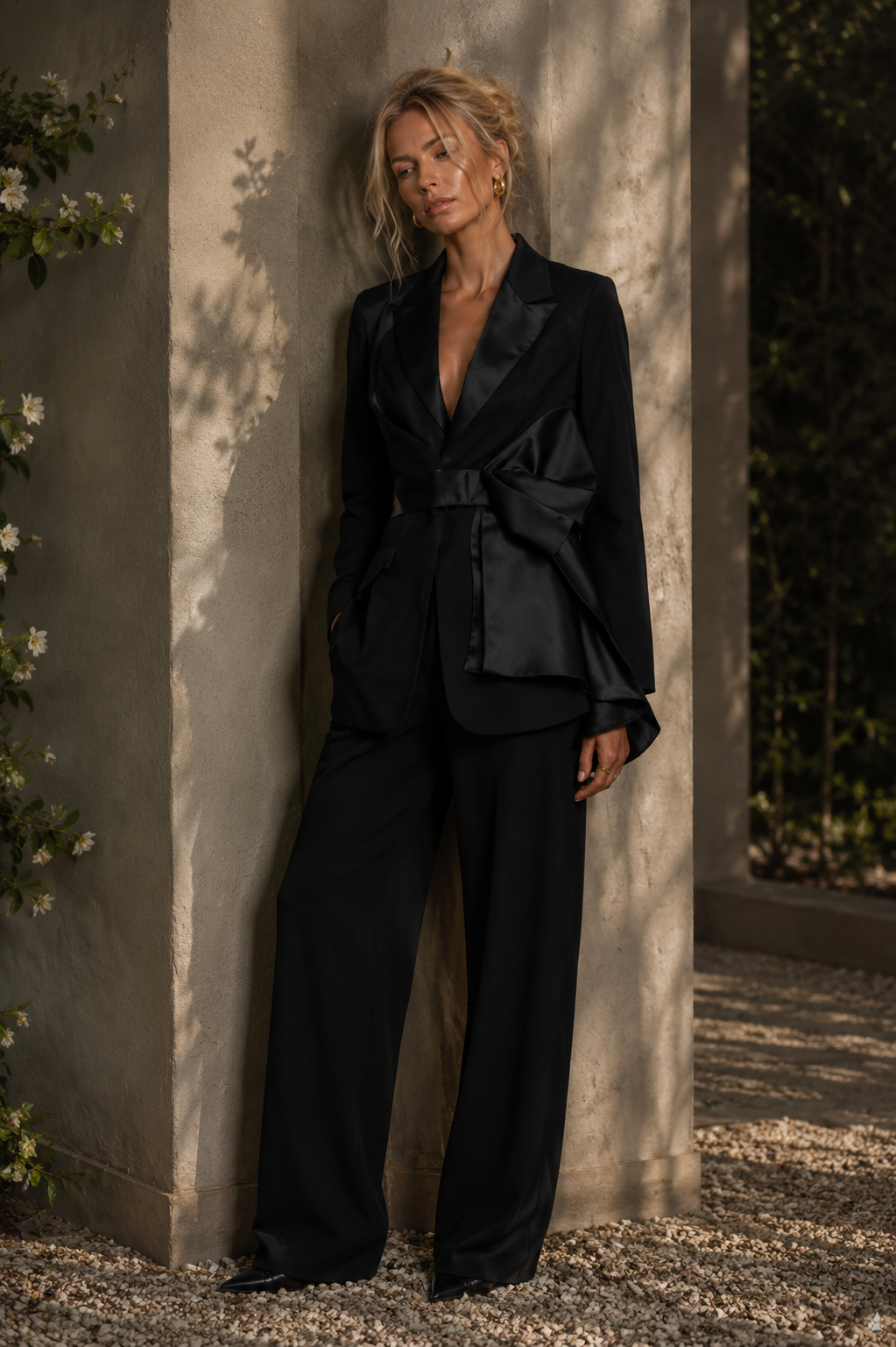 Samira Structured black blazer with satin bow