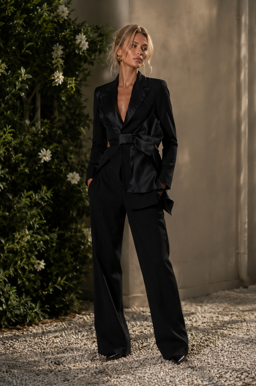 Samira Structured black blazer with satin bow