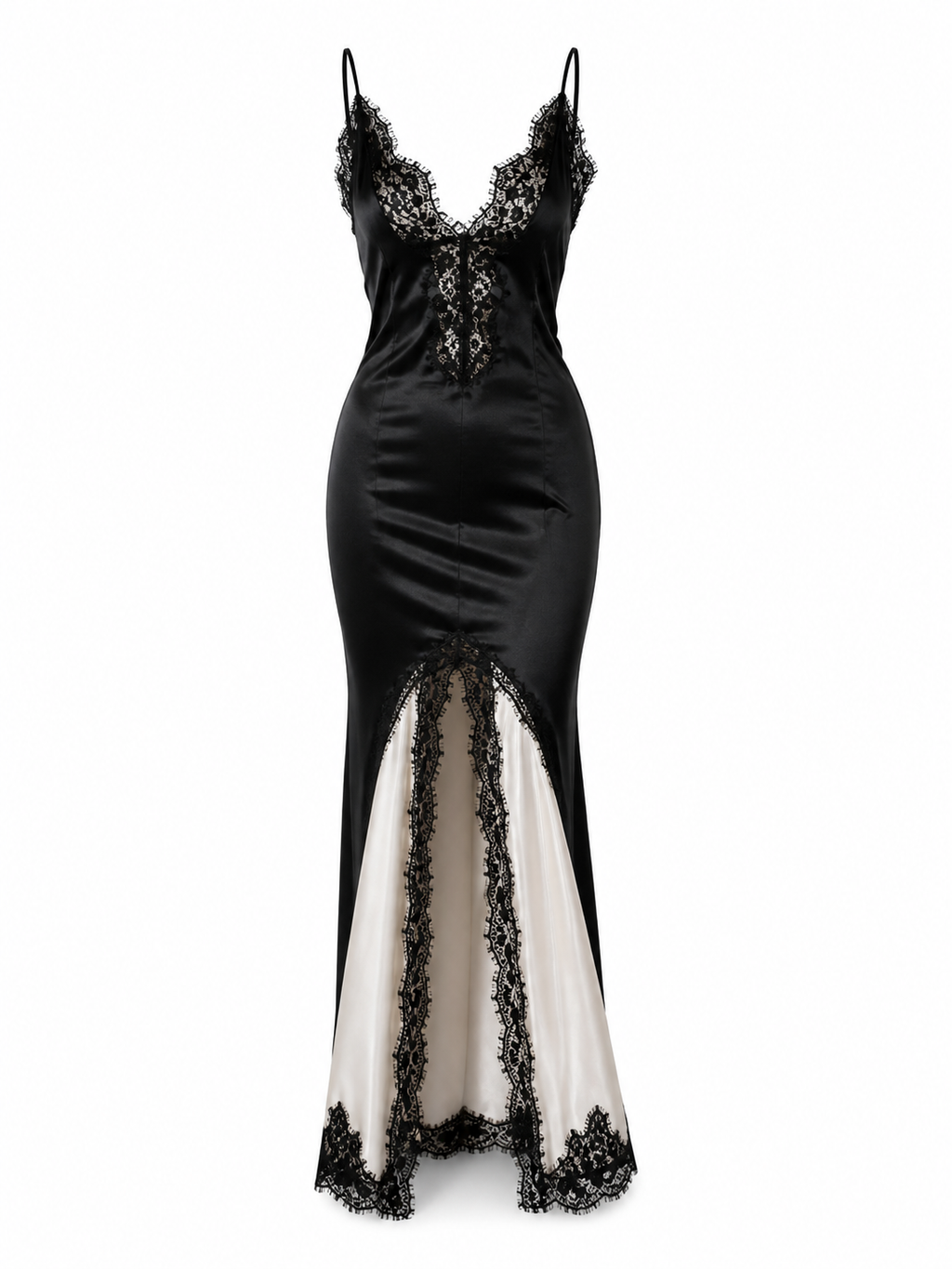 Black Lace Satin Slip Dress with High Slit