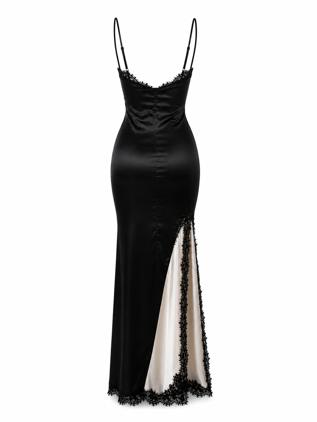 Black Lace Satin Slip Dress with High Slit