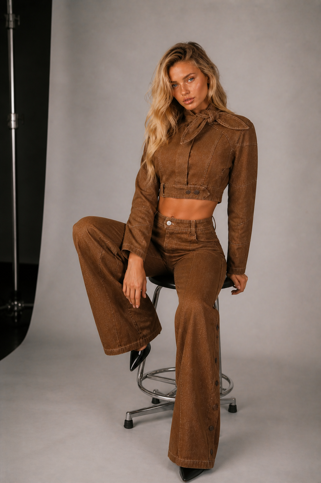 Brown Cropped Jacket & Wide-Leg Pants Set