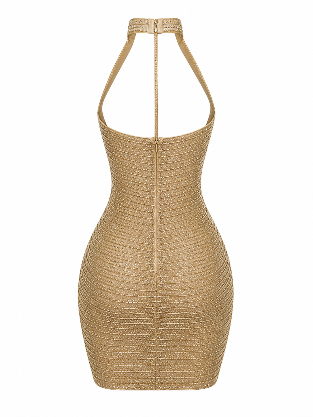 Glamorous gold beaded halter mini dress