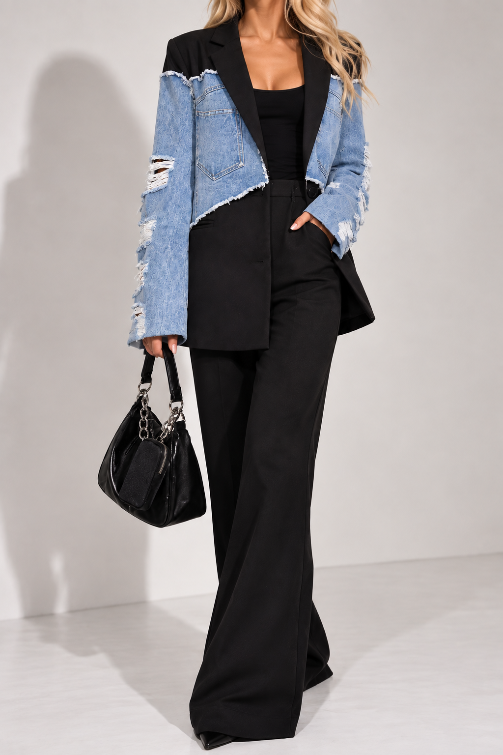 Black Blazer with Distressed Denim Panels