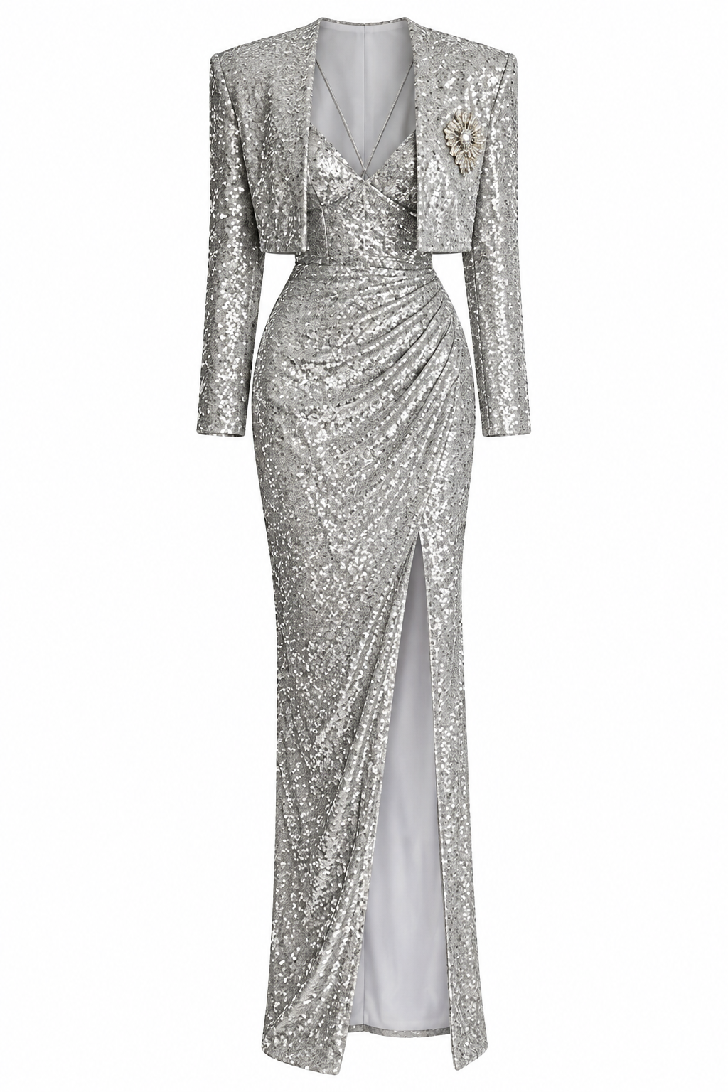 Celestia Silver Sequin Maxi Dress & Embellished Cropped Blazer Set